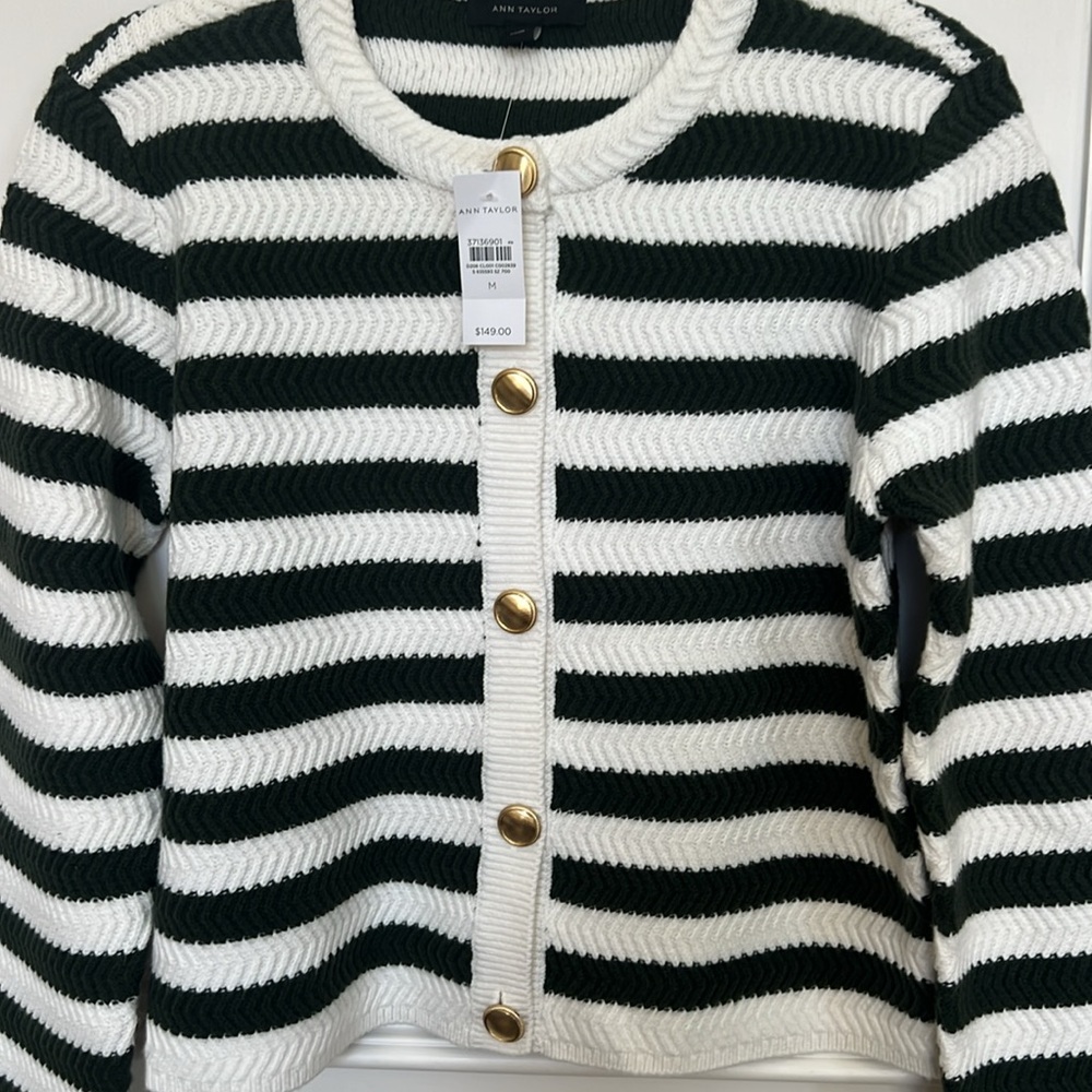 NWT Ann Taylor striped stitch jacket/cardigan sweater. Dark green/cream. Medium - Picture 4 of 10